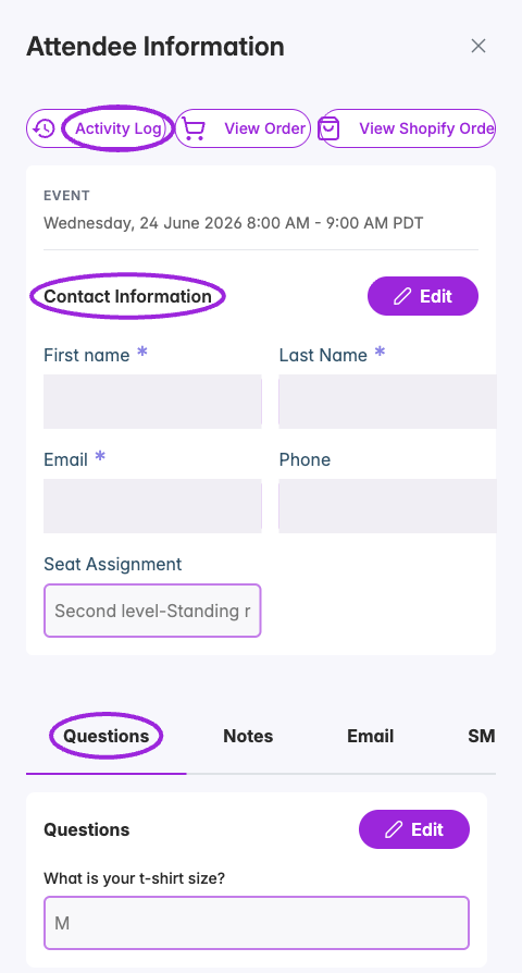 Attendee Information panel with Contact Information, Questions, and Activity Log highlighted
