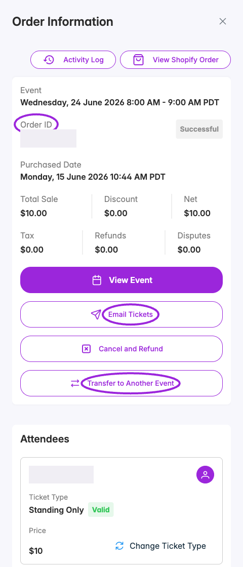 Order Information with order details, Email Tickets, and Transfer to Another Event highlighted