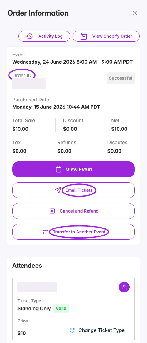 Order Information with order details, Email Tickets, and Transfer to Another Event highlighted