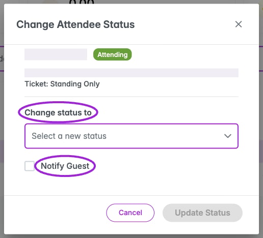 Change Attendee Status dialog with the status selector and Notify Guest highlighted