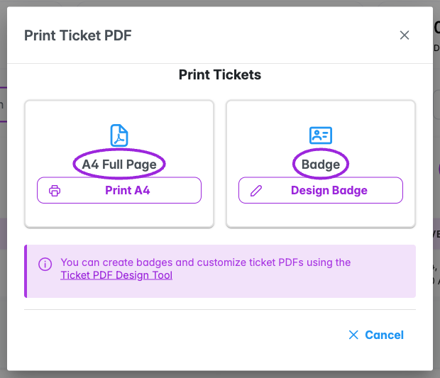 Print Ticket PDF dialog with A4 Full Page and Badge circled