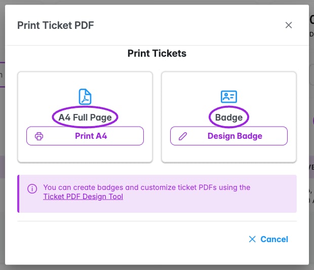 Print Ticket PDF dialog with A4 Full Page and Badge circled