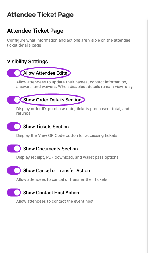 Design → Attendee Ticket Page configures attendee edits and the sections shown on the ticket page. Use the separate sample preview to inspect the result.