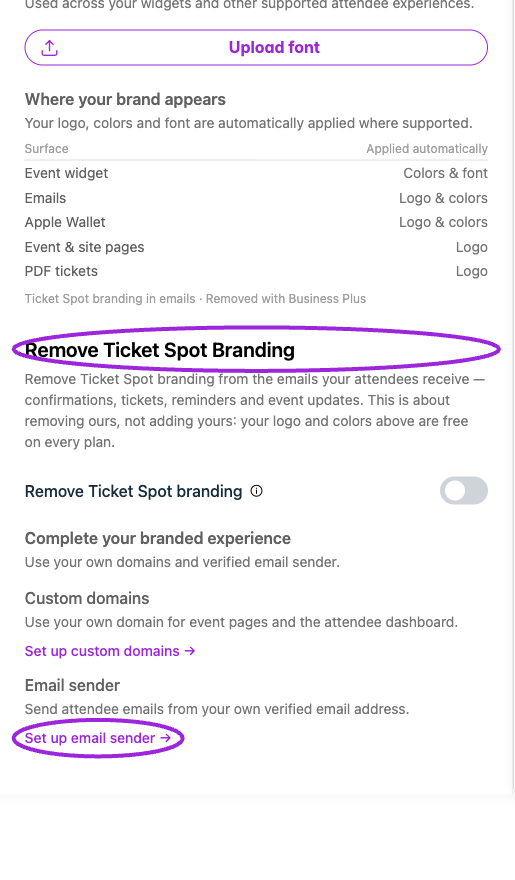 Design → Brand includes Remove Ticket Spot Branding and shortcuts to custom domains and email sender identity.