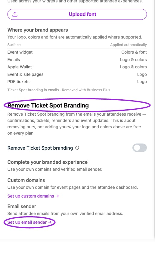 Design → Brand includes Remove Ticket Spot Branding and shortcuts to custom domains and email sender identity.