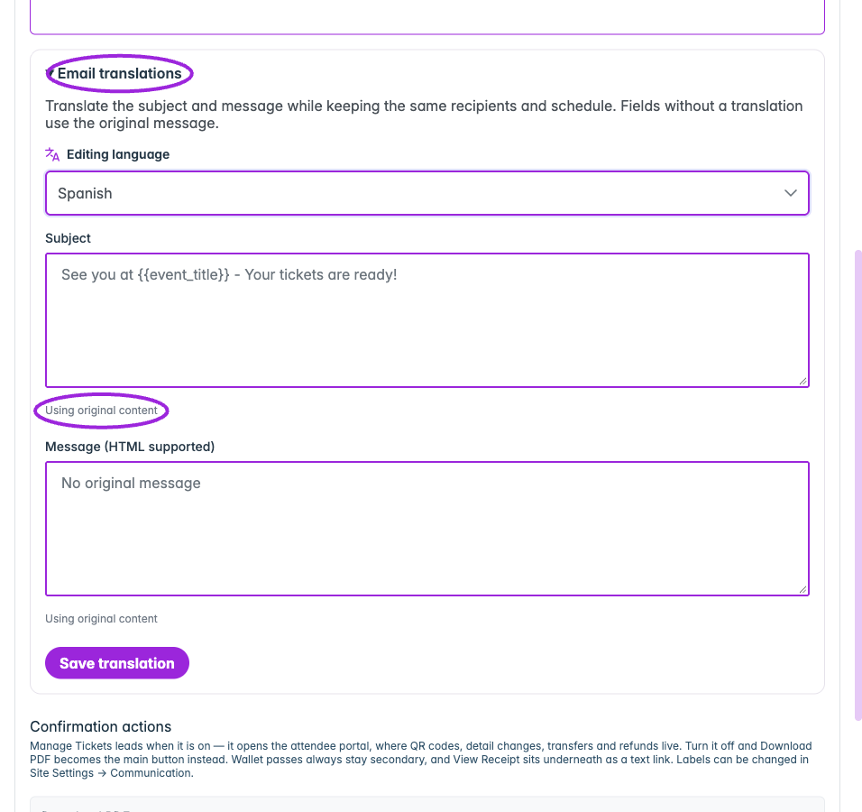 Event Email translations uses the original subject and message until you supply a variant for the selected language.