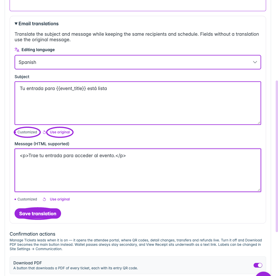 Enter a language-specific subject and message, preserving the original template variables. Customized marks the edited field; Save translation is required to persist it. This example is an unsaved draft.