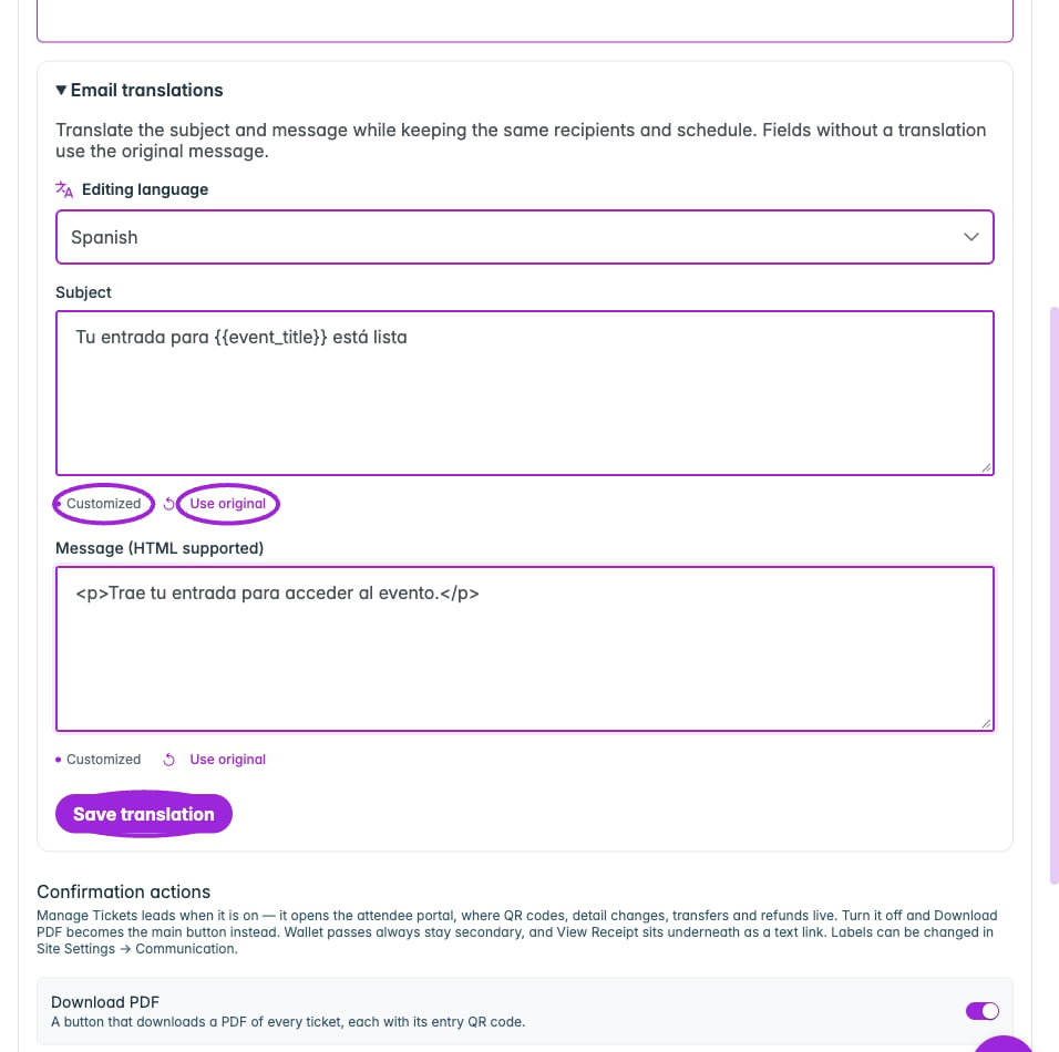 Enter a language-specific subject and message, preserving the original template variables. Customized marks the edited field; Save translation is required to persist it. This example is an unsaved draft.