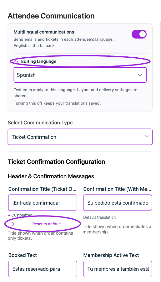 A Spanish title override is marked Customized. Reset to default restores the supplied translation for this field; other languages keep their own wording.