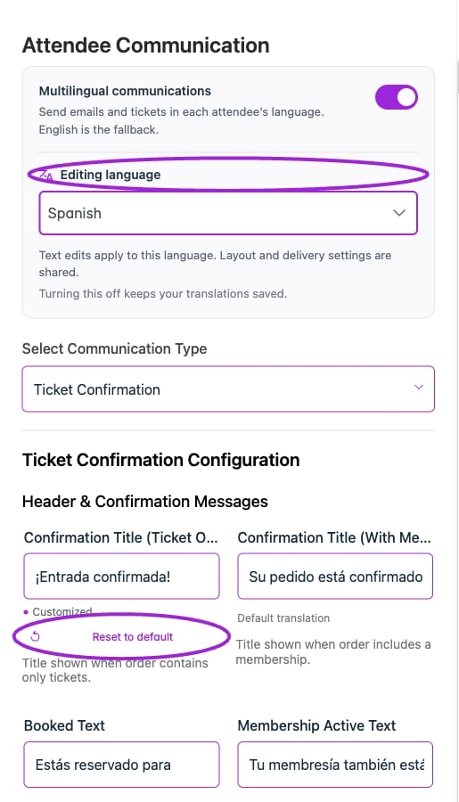 A Spanish title override is marked Customized. Reset to default restores the supplied translation for this field; other languages keep their own wording.
