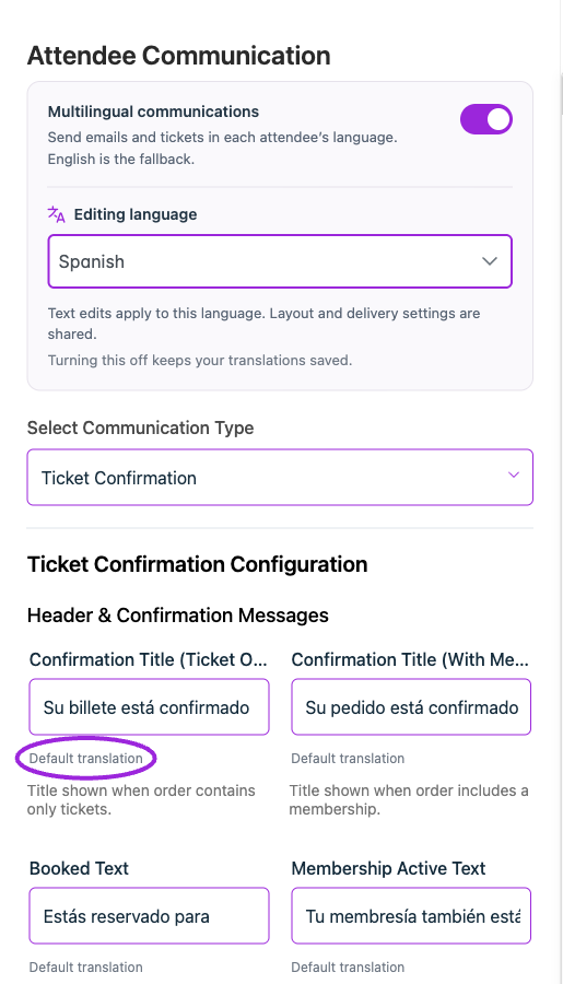 After Reset to default, the Spanish confirmation title uses its supplied Default translation again.