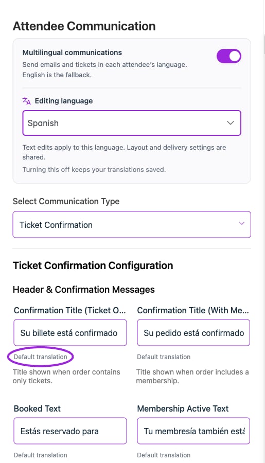 After Reset to default, the Spanish confirmation title uses its supplied Default translation again.