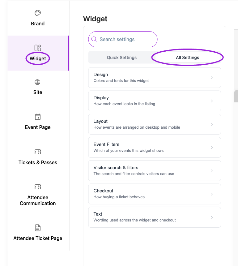 Open Design → Widget, then All Settings to browse Design, Display, Layout, Event Filters, Visitor search & filters, Checkout, and Text.