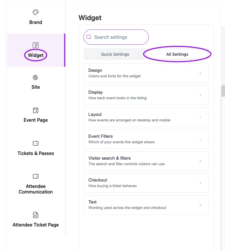 Open Design → Widget, then All Settings to browse Design, Display, Layout, Event Filters, Visitor search & filters, Checkout, and Text.