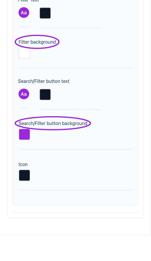 All Settings → Visitor search & filters — Visitor filter styling. Continued controls. The circles identify Filter background and Search/Filter button background.