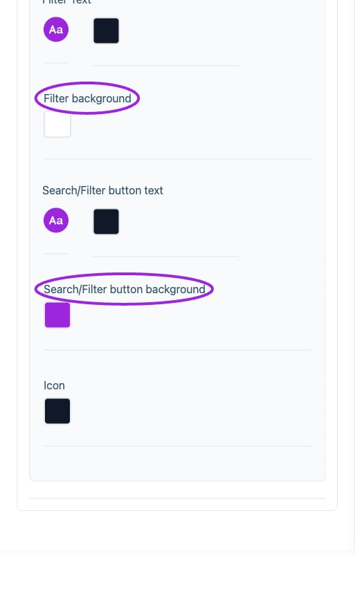 All Settings → Visitor search & filters — Visitor filter styling. Continued controls. The circles identify Filter background and Search/Filter button background.