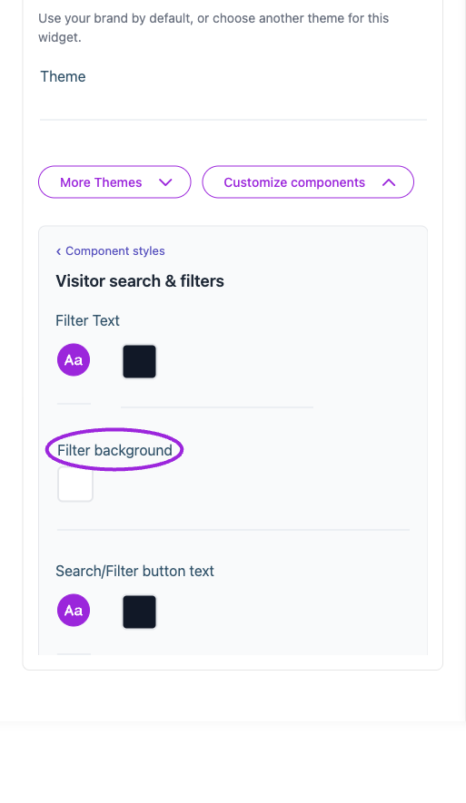 All Settings → Visitor search & filters — Visitor filter styling. The circles identify Filter background.