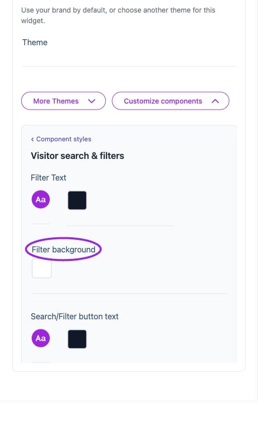 All Settings → Visitor search & filters — Visitor filter styling. The circles identify Filter background.