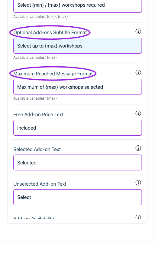 All Settings → Text — Checkout: Add-ons. Continued controls. The circles identify Optional Add-ons Subtitle Format and Maximum Reached Message Format.