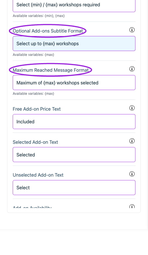 All Settings → Text — Checkout: Add-ons. Continued controls. The circles identify Optional Add-ons Subtitle Format and Maximum Reached Message Format.