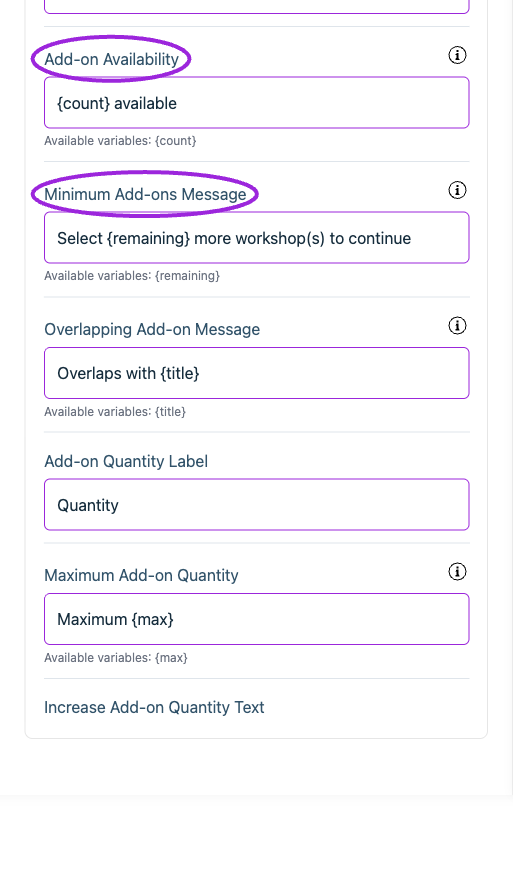 All Settings → Text — Checkout: Add-ons. Continued controls. The circles identify Add-on Availability and Minimum Add-ons Message.
