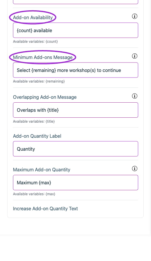 All Settings → Text — Checkout: Add-ons. Continued controls. The circles identify Add-on Availability and Minimum Add-ons Message.