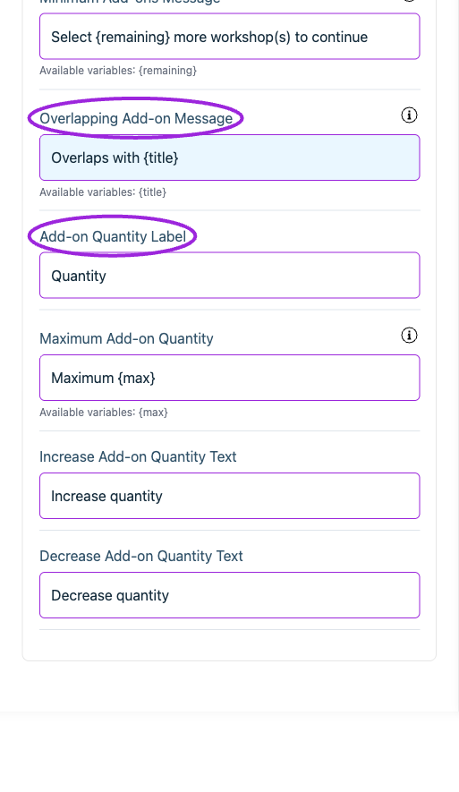 All Settings → Text — Checkout: Add-ons. Continued controls. The circles identify Overlapping Add-on Message and Add-on Quantity Label.