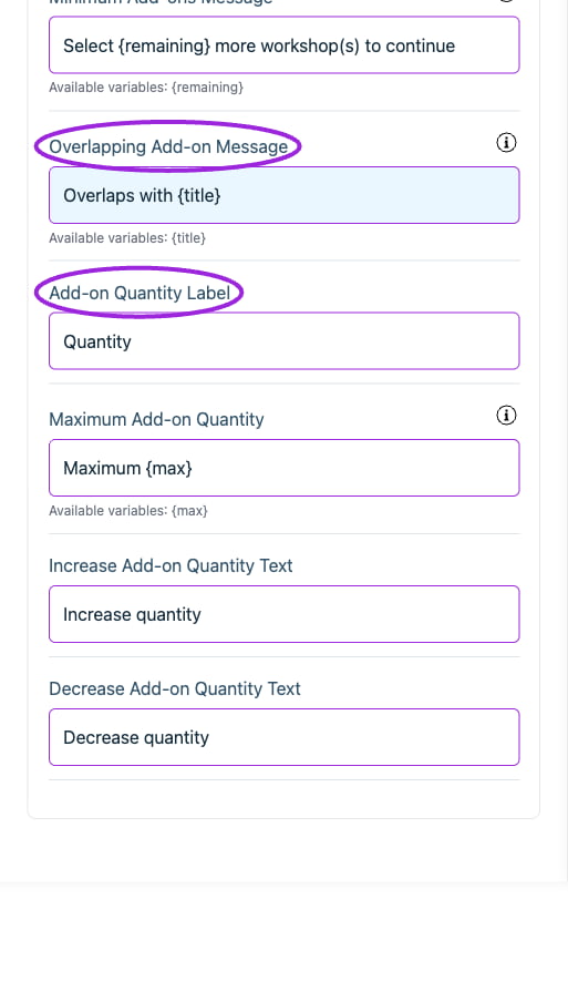 All Settings → Text — Checkout: Add-ons. Continued controls. The circles identify Overlapping Add-on Message and Add-on Quantity Label.