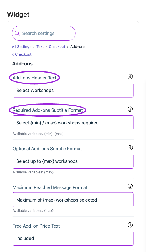 All Settings → Text — Checkout: Add-ons. The circles identify Add-ons Header Text and Required Add-ons Subtitle Format.