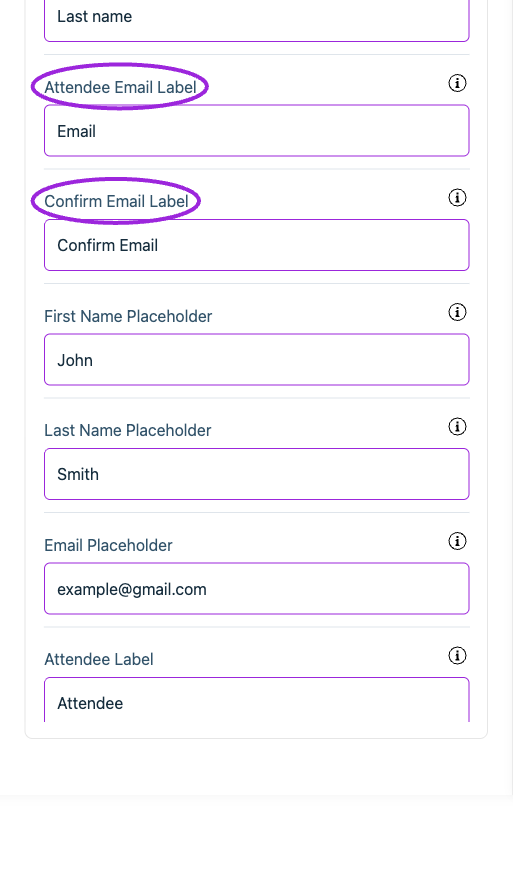 All Settings → Text — Checkout: Attendee information. Continued controls. The circles identify Attendee Email Label and Confirm Email Label.