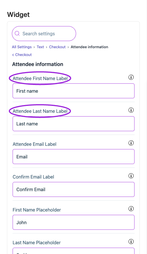 All Settings → Text — Checkout: Attendee information. The circles identify Attendee First Name Label and Attendee Last Name Label.