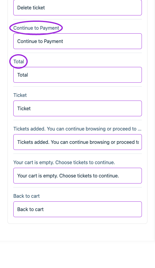 All Settings → Cart — Checkout: Cart. Continued controls. The circles identify Continue to Payment and Total.