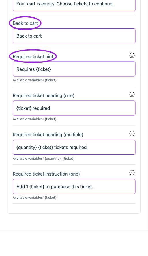 All Settings → Cart — Checkout: Cart. Continued controls. The circles identify Back to cart and Required ticket hint.