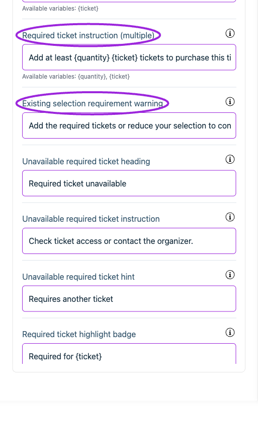 All Settings → Cart — Checkout: Cart. Continued controls. The circles identify Required ticket instruction (multiple) and Existing selection requirement warning.