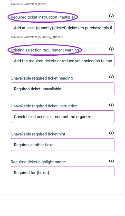 All Settings → Cart — Checkout: Cart. Continued controls. The circles identify Required ticket instruction (multiple) and Existing selection requirement warning.