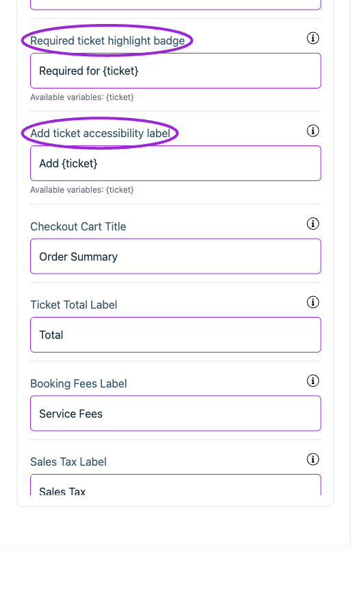 All Settings → Cart — Checkout: Cart. Continued controls. The circles identify Required ticket highlight badge and Add ticket accessibility label.