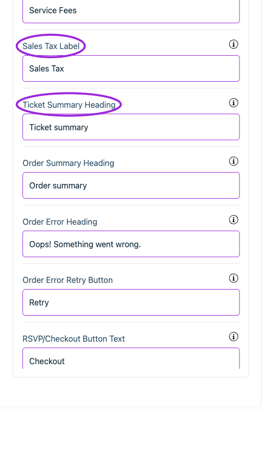 All Settings → Cart — Checkout: Cart. Continued controls. The circles identify Sales Tax Label and Ticket Summary Heading.