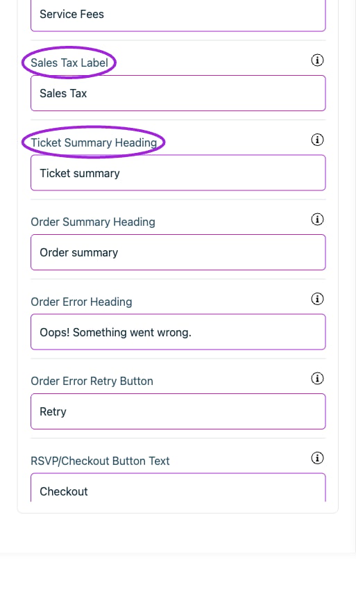 All Settings → Cart — Checkout: Cart. Continued controls. The circles identify Sales Tax Label and Ticket Summary Heading.