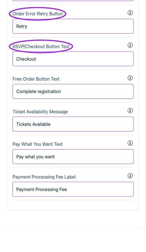 All Settings → Cart — Checkout: Cart. Continued controls. The circles identify Order Error Retry Button and RSVP/Checkout Button Text.