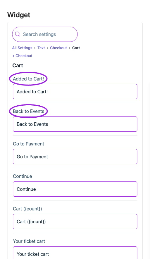 All Settings → Cart — Checkout: Cart. The circles identify Added to Cart! and Back to Events.