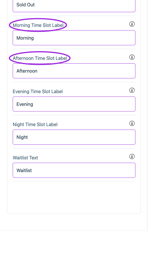 All Settings → Text — Checkout: Date & time selection. Continued controls. The circles identify Morning Time Slot Label and Afternoon Time Slot Label.