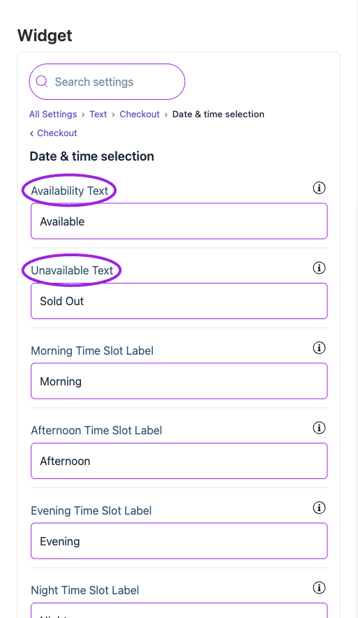 All Settings → Text — Checkout: Date & time selection. The circles identify Availability Text and Unavailable Text.