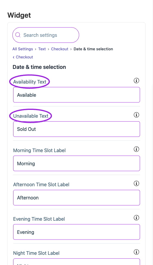 All Settings → Text — Checkout: Date & time selection. The circles identify Availability Text and Unavailable Text.