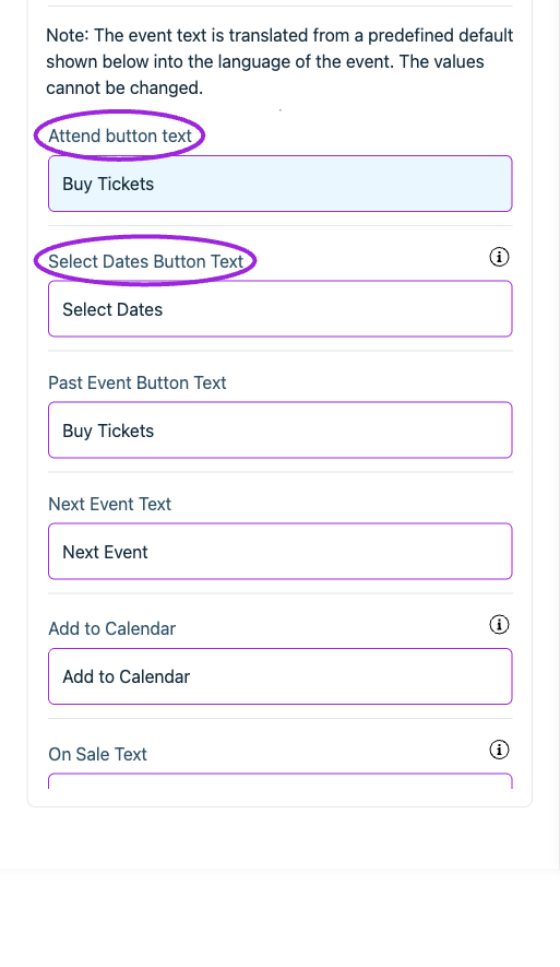 All Settings → Text — Event details. Continued controls. The circles identify Attend button text and Select Dates Button Text.