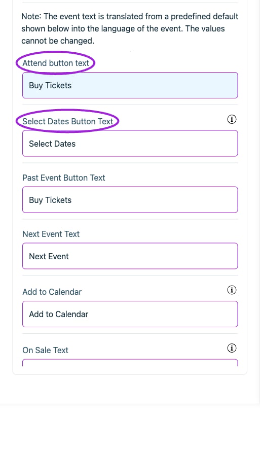 All Settings → Text — Event details. Continued controls. The circles identify Attend button text and Select Dates Button Text.