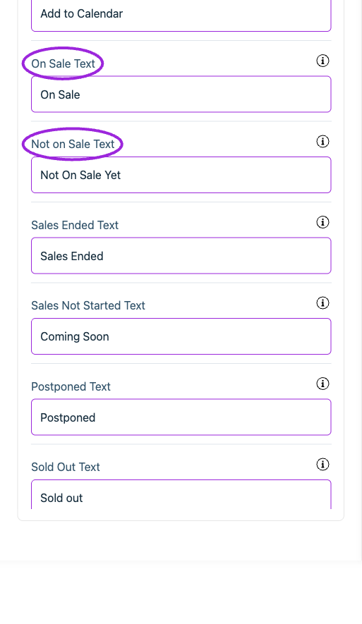 All Settings → Text — Event details. Continued controls. The circles identify On Sale Text and Not on Sale Text.
