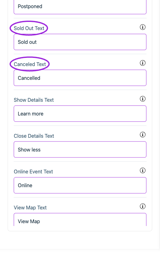 All Settings → Text — Event details. Continued controls. The circles identify Sold Out Text and Canceled Text.