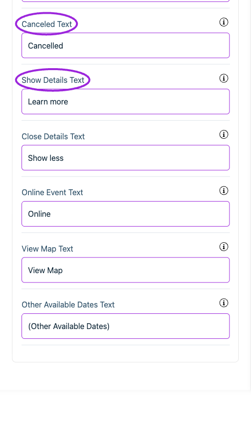 All Settings → Text — Event details. Continued controls. The circles identify Canceled Text and Show Details Text.