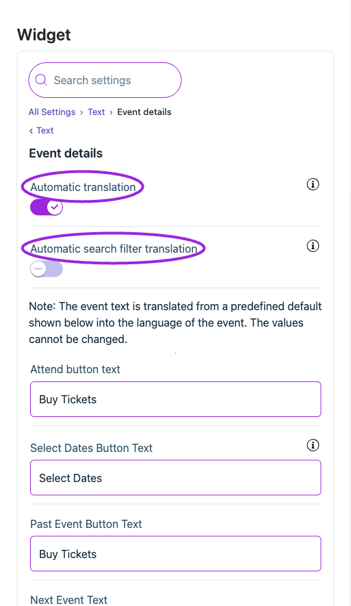 All Settings → Text — Event details. The circles identify Automatic translation and Automatic search filter translation.