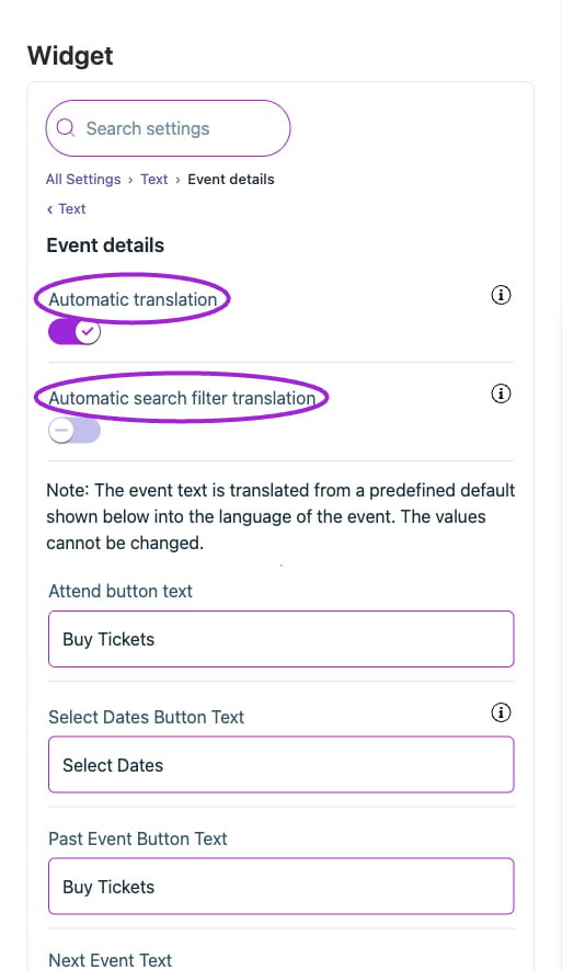 All Settings → Text — Event details. The circles identify Automatic translation and Automatic search filter translation.